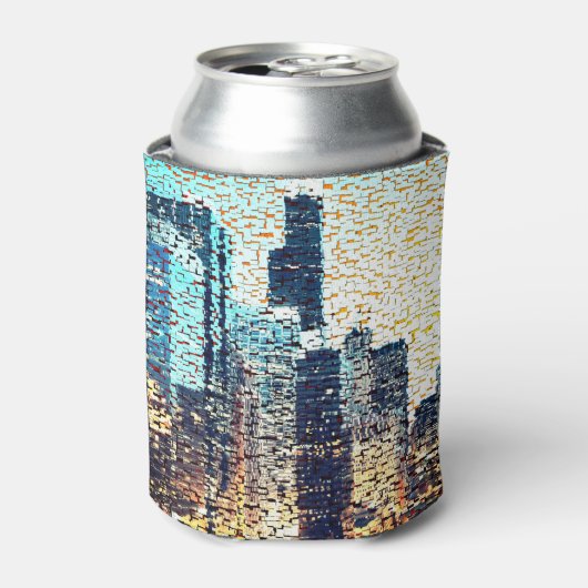 青い都市建物モザイクスタイルとレリーフ、 浮き彫り 缶クーラー (缶正面)