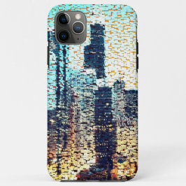 青い都市建物モザイクスタイルとレリーフ、 浮き彫り iPhone 11 PRO MAXケース
