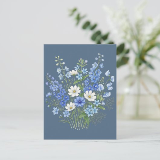 青い野の花のブーケの植物画  ポストカード (スタンド正面)