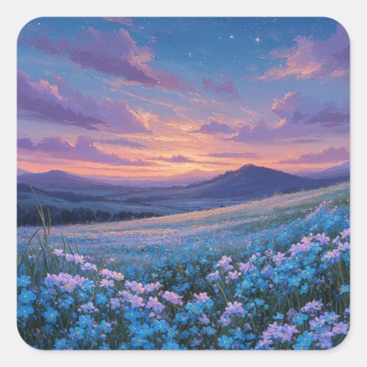 青い野の花の草原の上の星空 スクエアシール (正面)