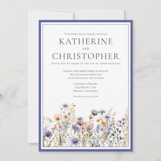 青い野モダン花フォーマル結婚の 招待状 (正面)