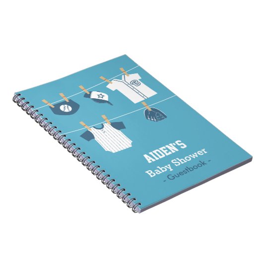 青い野球の男の赤ちゃんのシャワーのゲストブック ノートブック (右側)