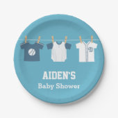 青い野球の男の赤ちゃんのシャワーの供給 ペーパープレート (正面)