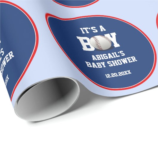 青い野球の赤ちゃんがシャワーを浴びる男の子のカスタム ラッピングペーパー (ロールコーナー)