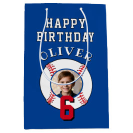 青い野球ボール 子供の誕生日写真 ミディアムペーパーバッグ