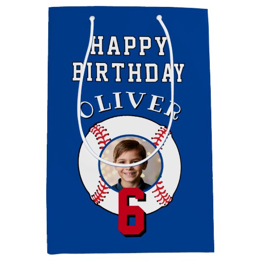 青い野球ボール 子供の誕生日写真 ミディアムペーパーバッグ (正面)