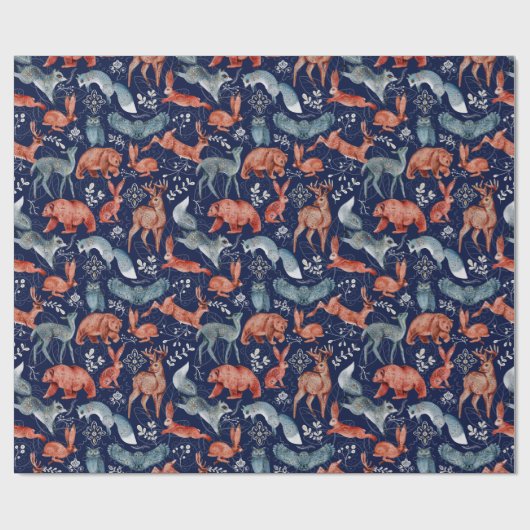 青い野生の森の動物のエレガントなパターン ラッピングペーパー (フラット)