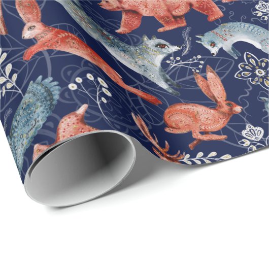 青い野生の森の動物のエレガントなパターン ラッピングペーパー (ロールコーナー)