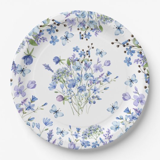 青い野生の花の繊細な水彩花柄 ペーパープレート (正面)