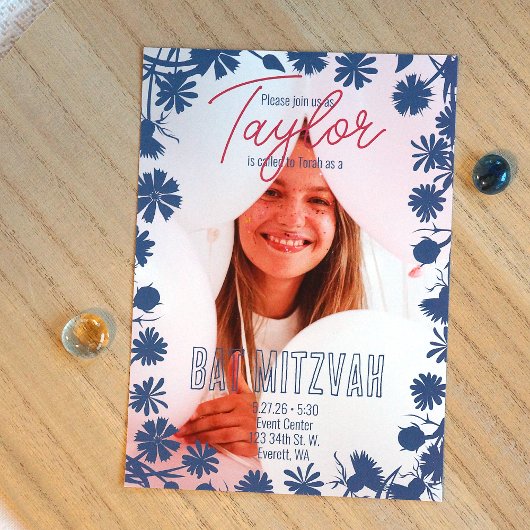 青い野生の花縁ど、マーヴバルミツワー写真 招待状