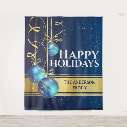 青い金の玉にきれいなリボン　クリスマスの挨 タペストリー (正面)