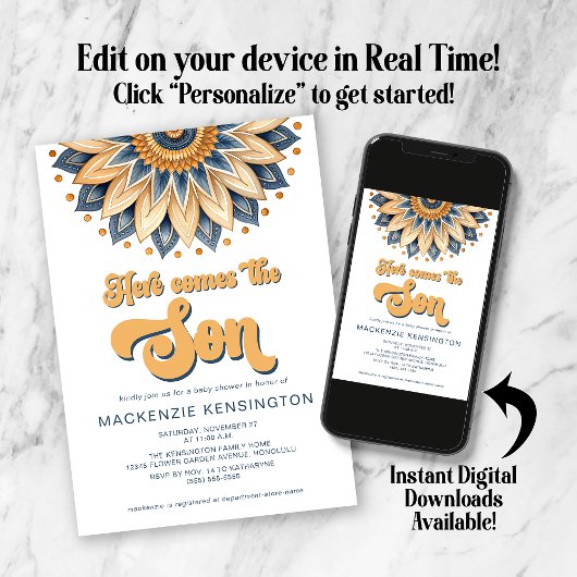 青い金ゴールドこ来この息子の赤ちゃんシャワー 招待状