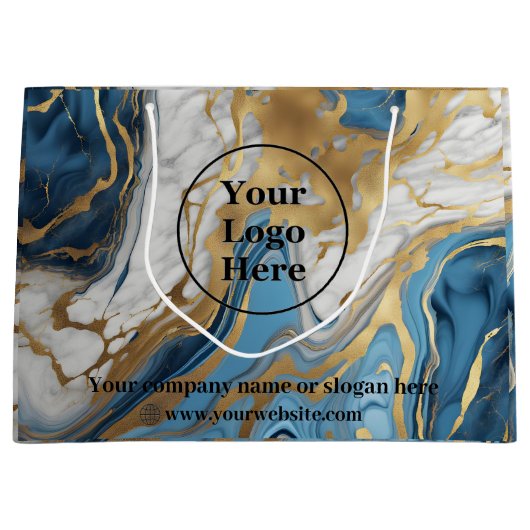 青い金ゴールドと白い大理石 ラージペーパーバッグ (正面)