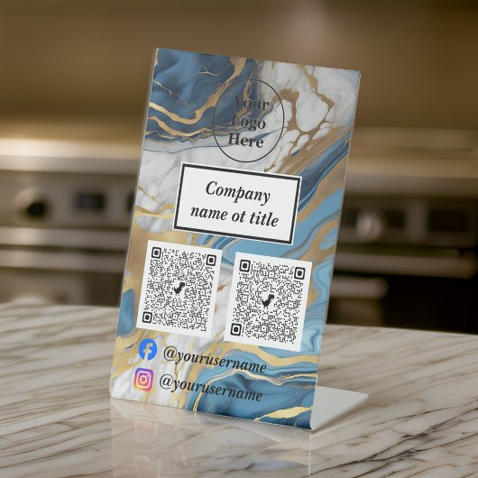 青い金ゴールドと白い大理石 台座サイン