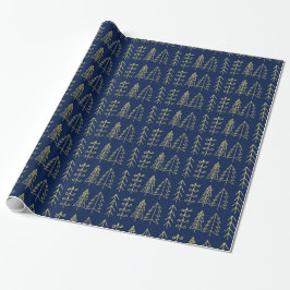 青い金ゴールドのクリスマスツリーパターンモダン ラッピングペーパー