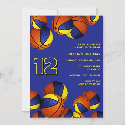 青い金ゴールドのバスケットの子供のスポーツ誕生日 招待状 (正面)