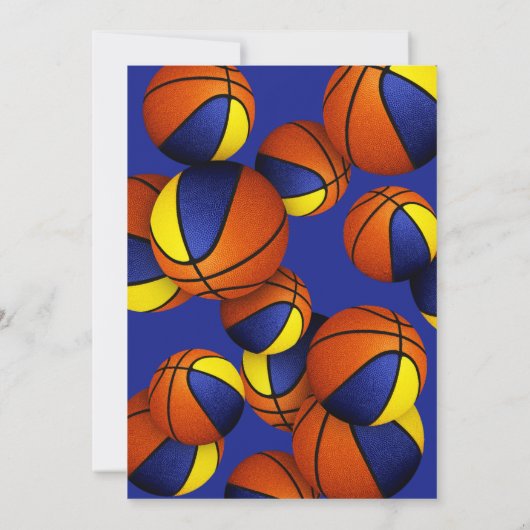 青い金ゴールドのバスケットの子供のスポーツ誕生日 招待状 (裏面)