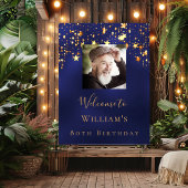 青い金ゴールドのフォトスター歓迎の誕生日 ポスター