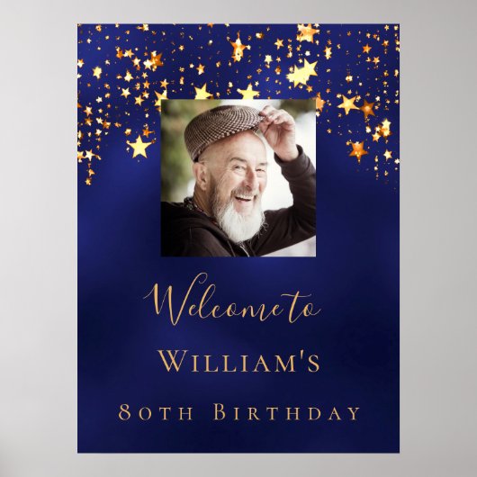 青い金ゴールドのフォトスター歓迎の誕生日 ポスター (正面)