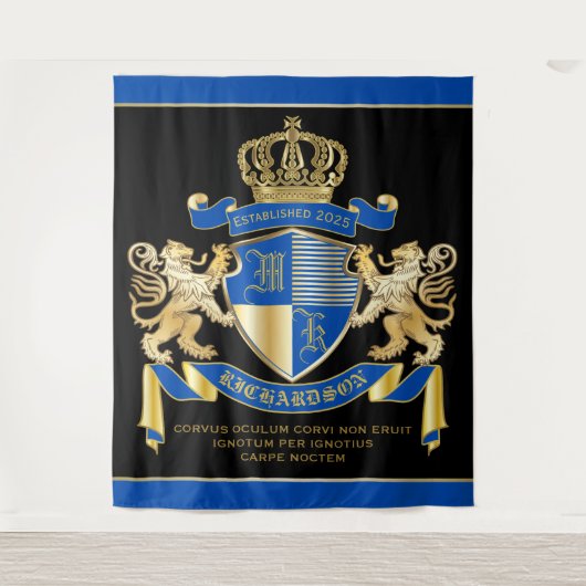 青い金ゴールドのライオンの紋章あなた自身の紋章付き外衣を作成して下さい タペストリー (正面)