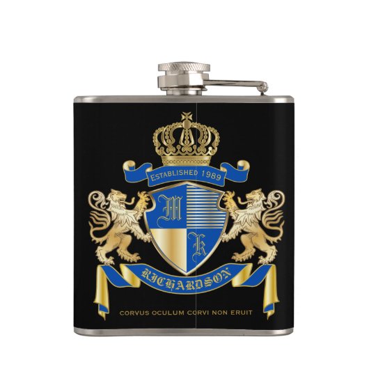 青い金ゴールドのライオンの紋章あなた自身の紋章付き外衣を作成して下さい フラスク (裏面)