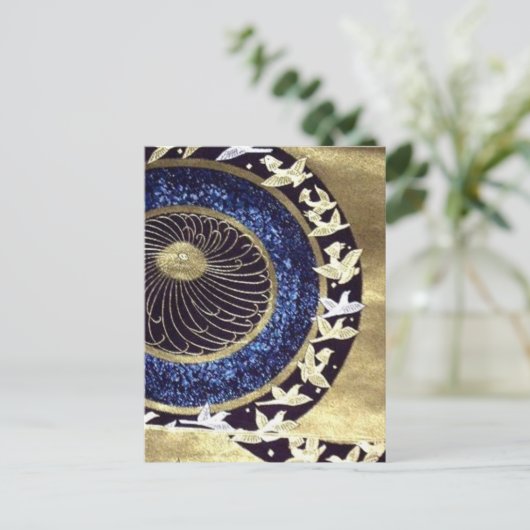 青い金ゴールドの伝統的な着物の日本人クレーン ポストカード (スタンド正面)