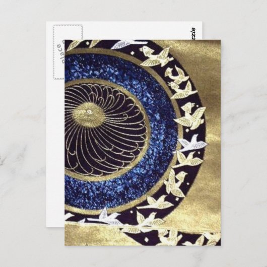 青い金ゴールドの伝統的な着物の日本人クレーン ポストカード (正面/裏面)