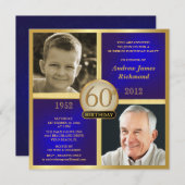 青い金ゴールドの大人の誕生日の招待の当時の今2写真 招待状 (正面/裏面)