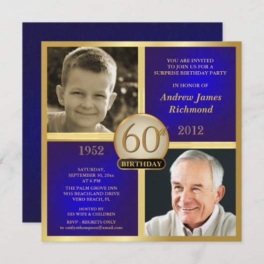 青い金ゴールドの大人の誕生日の招待の当時の今2写真 招待状 (正面/裏面)