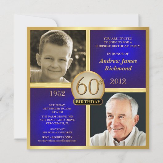 青い金ゴールドの大人の誕生日の招待の当時の今2写真 招待状 (正面)