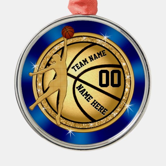 青い金ゴールドの女の子のパーソナライズなバスケットボールのオーナメント メタルオーナメント (正面)