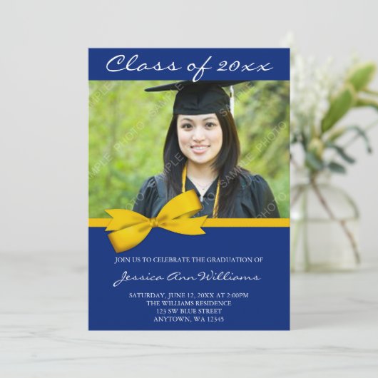 青い金ゴールドの弓写真の卒業の発表 招待状 (スタンド正面)