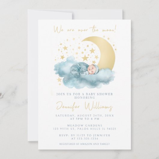 青い金ゴールドの月の上に男の赤ちゃんシャワー招待状 招待状 (正面)