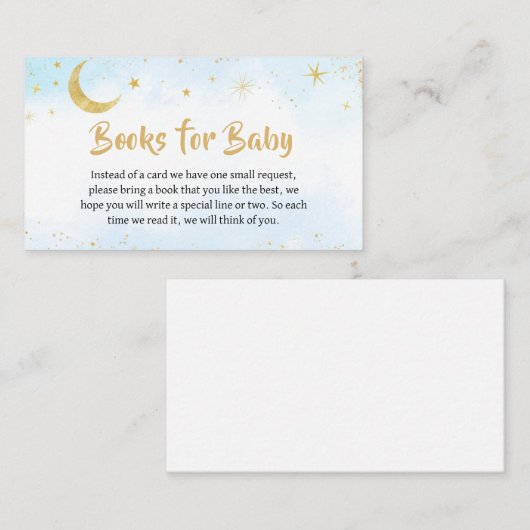 青い金ゴールドの月の上の赤ちゃんシャワーの本ベビー エンクロージャーカード (正面/裏面)
