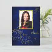 青い金ゴールドの渦巻の写真の菓子16 招待状 (スタンド正面)