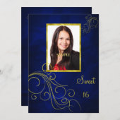 青い金ゴールドの渦巻の写真の菓子16 招待状 (正面/裏面)