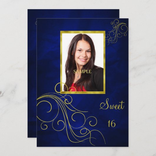 青い金ゴールドの渦巻の写真の菓子16 招待状 (正面/裏面)