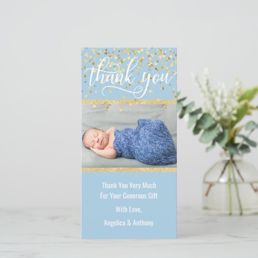 青い金ゴールドはベビーシャワーの男の子|の写真感謝していしています サンキューカード (スタンド正面)