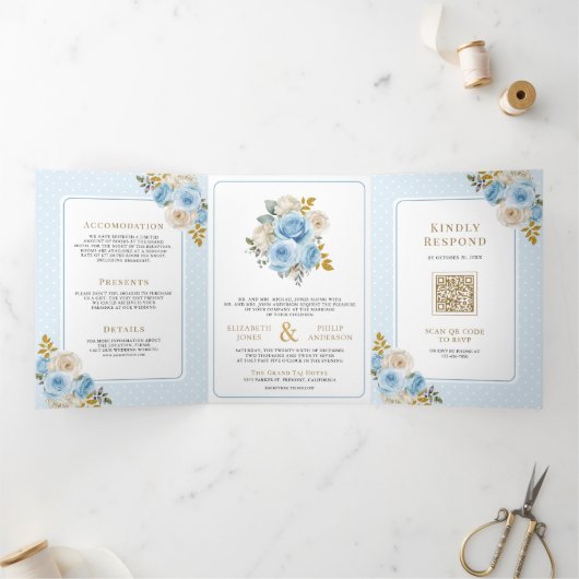 青い金ゴールドアイボリーフローラのバラ結婚すべて 三つ折り招待状 (内部)