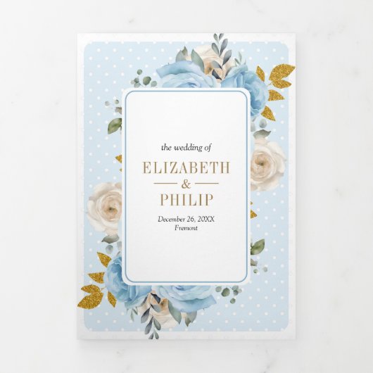 青い金ゴールドアイボリーフローラのバラ結婚すべて 三つ折り招待状 (カバー)