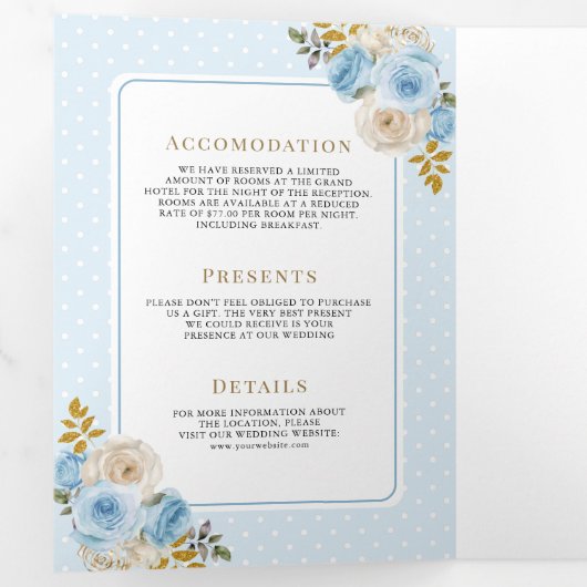 青い金ゴールドアイボリーフローラのバラ結婚すべて 三つ折り招待状 (内部最初)
