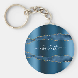 青い金ゴールドアガテ大理石名スクリプト キーホルダー