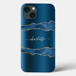 青い金ゴールドアガテ大理石名スクリプト iPhone 16ケース