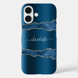青い金ゴールドアガテ大理石名スクリプト iPhone 16ケース