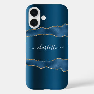 青い金ゴールドアガテ大理石名スクリプト iPhone 16ケース