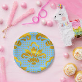 青い金ゴールドダマスクパターン ペーパープレート (パーティー)