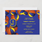 青い金ゴールドチームの色バスケットの子供のパーティー 招待状 (正面)