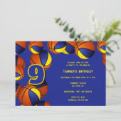 青い金ゴールドチームの色バスケットの子供のパーティー 招待状 (スタンド正面)