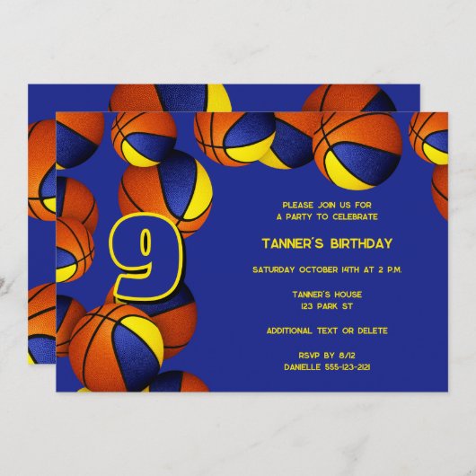 青い金ゴールドチームの色バスケットの子供のパーティー 招待状 (正面/裏面)