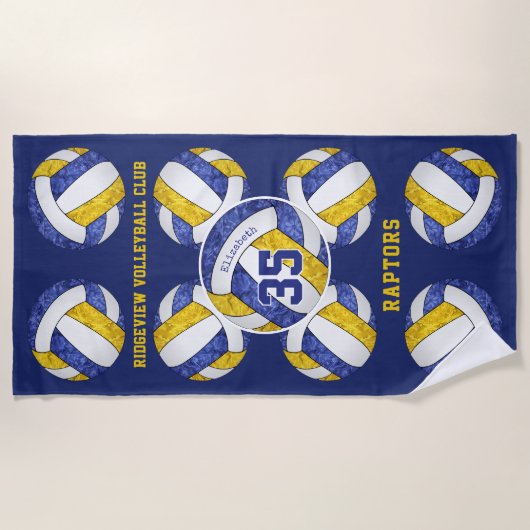 青い金ゴールドチームカラー名ガーリー名 ビーチタオル (正面)